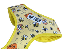 Load image into Gallery viewer, Close-up of FROG DOG CO.'s soft neoprene lined dog harness in bees pattern