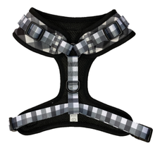 Load image into Gallery viewer, Detail of adjustable neck and chest straps on the check pattern dog harness
