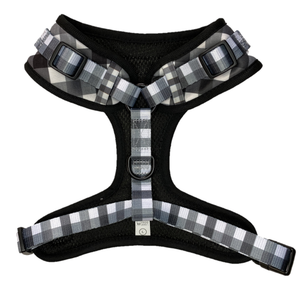 Detail of adjustable neck and chest straps on the check pattern dog harness